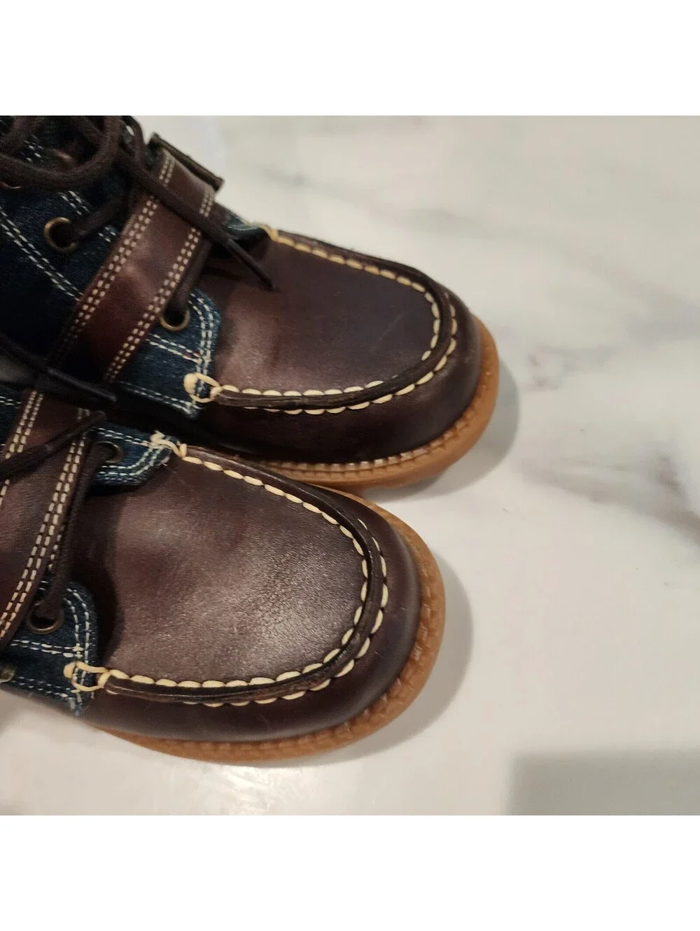 New Polo Ralph Lauren Kids Brown Leather and Denim Boots 11.5